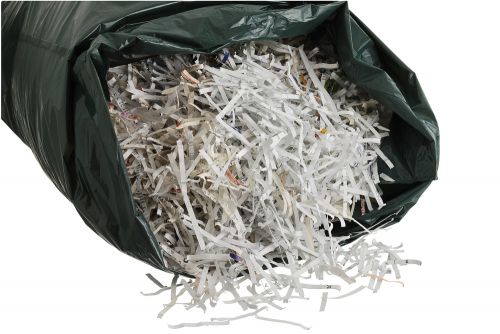 Shredded paper documents in green bag